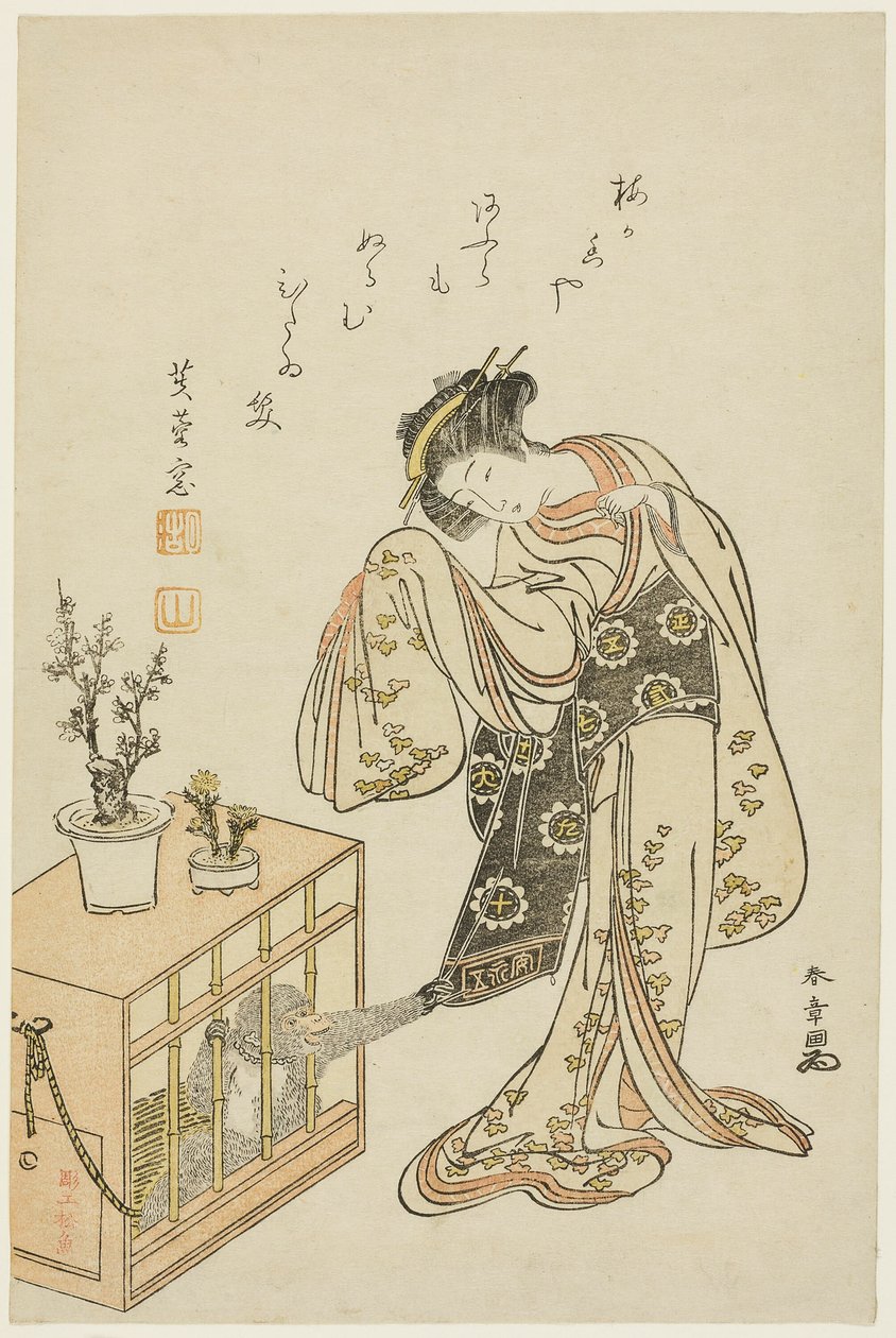 檻に入れられた猿を持つ若い女性 (1776 年新年のカレンダー印刷) 作： 勝川春章