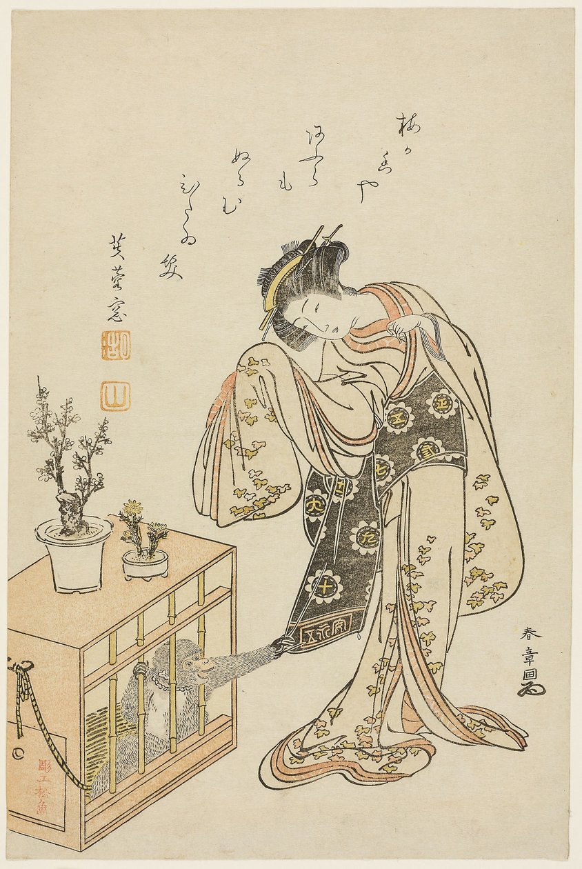 檻の中の猿を連れた若い女（1776年新年のカレンダー版画） 作： 勝川春章