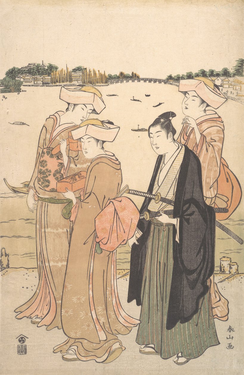 若いサムライと 3 人の女性, ca. 1789年。 作： 勝川春山