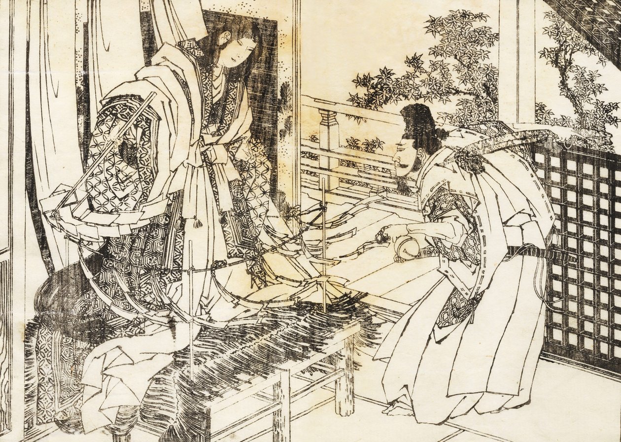 神社の女性は紙の葉がたくさん付いた棒を持っています 作： 北斎勝鹿