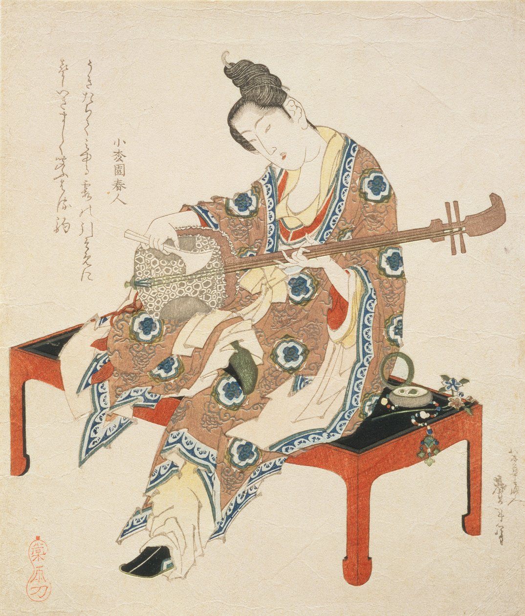 三味線を奏でる中国の美、1833-34年（版画） 作： 葛飾II台東