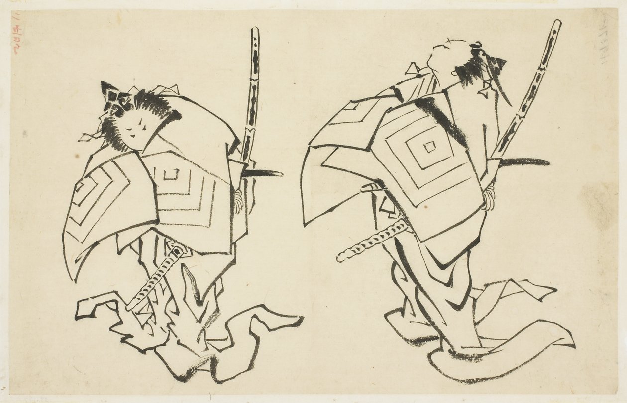 ダンジュロVまたはVI、歌舞伎俳優、ありがとうの役割（2つの研究）、c.1815-1849（紙にインク） 作： 葛飾北斎