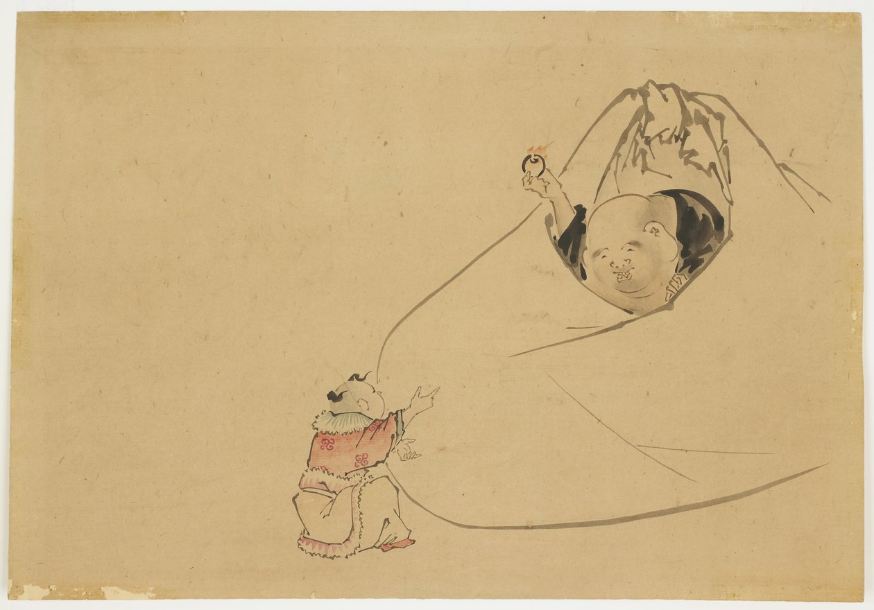 小さな男の子に燃えるような宝石を提供するホテイ、1850年頃（紙にインクと色） 作： 葛飾北斎