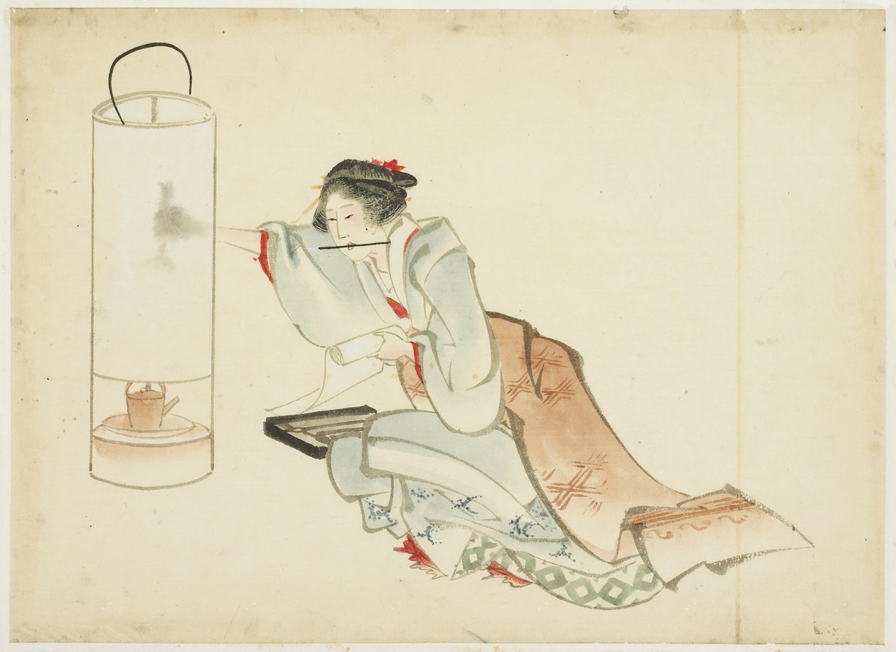 ランプを調整する女性、c.1815-1849（紙にインクと色） 作： 葛飾北斎