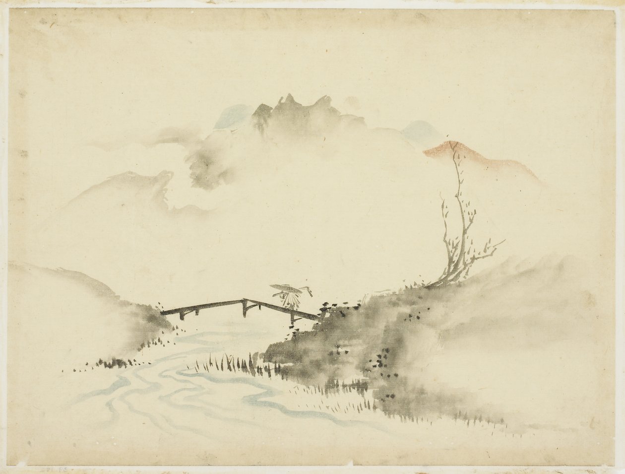ファーマークロッシングブリッジのある風景、1615-1868（紙にインクと色） 作： 葛飾北斎