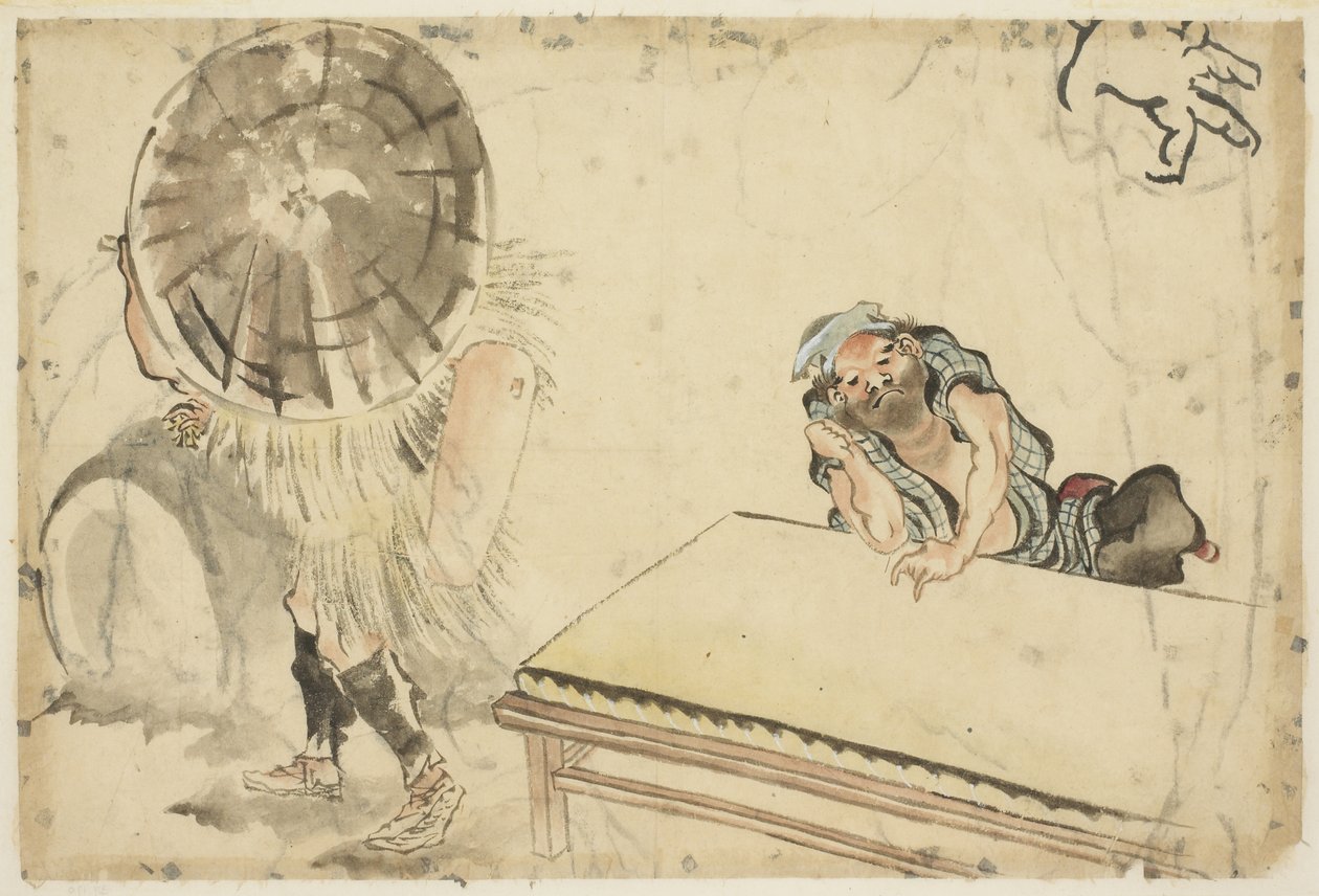餅メーカーとたたみメーカー（スケッチ2枚）、1815〜1849年頃（紙にインクと色） 作： 葛飾北斎
