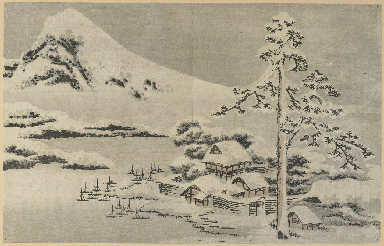 （雪の海辺の村）、1814 作： 北斎勝鹿