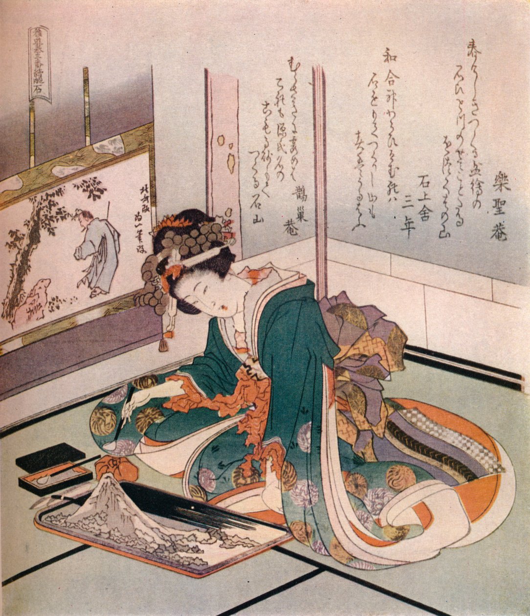 富士山のミニチュアモデルc1823を作っている女性。 作： 北斎勝鹿