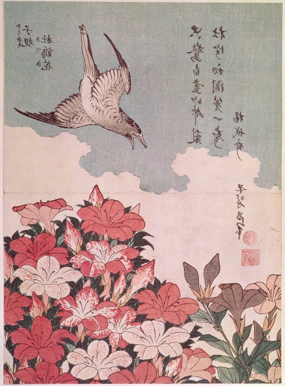 ツツジとカッコウ、栄寿堂発行、1830年頃（カラー木版画）