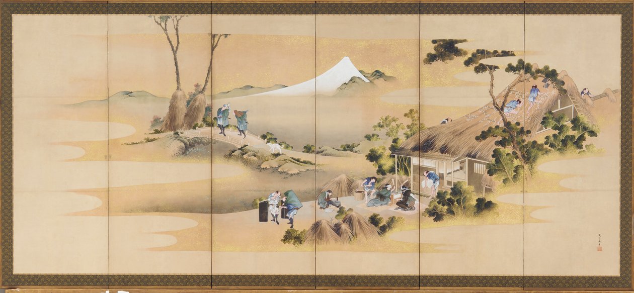 田園風景と富士山、一対の一つ、江戸時代、約. 1830-1832。 作： 北斎勝鹿