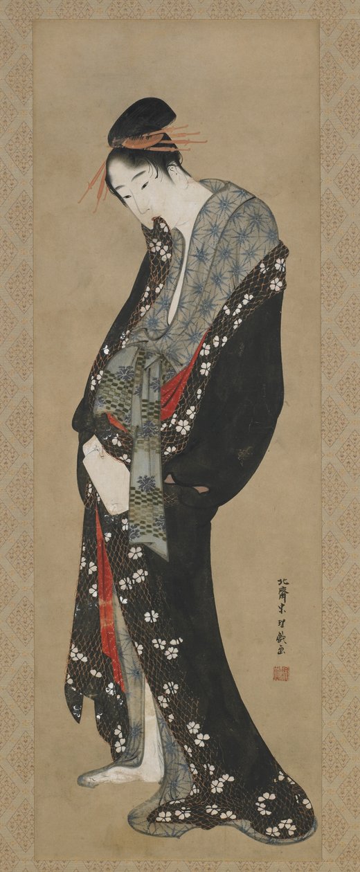 江戸時代の遊女（紙に墨と色） 作： 北斎勝鹿