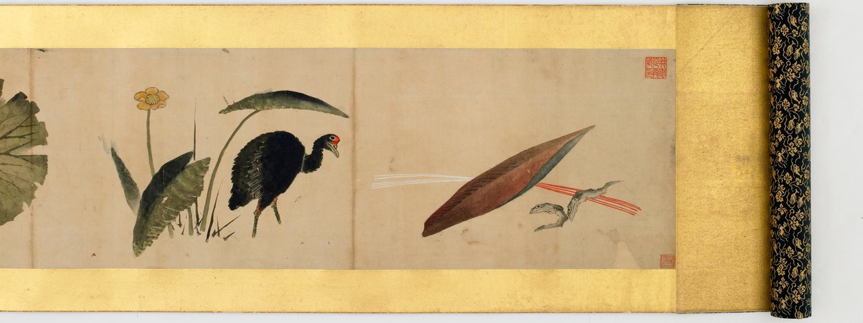 その他の画像、江戸時代、1839年のインクと紙の色の付いたハンドスクロールの詳細 作： 北斎勝鹿