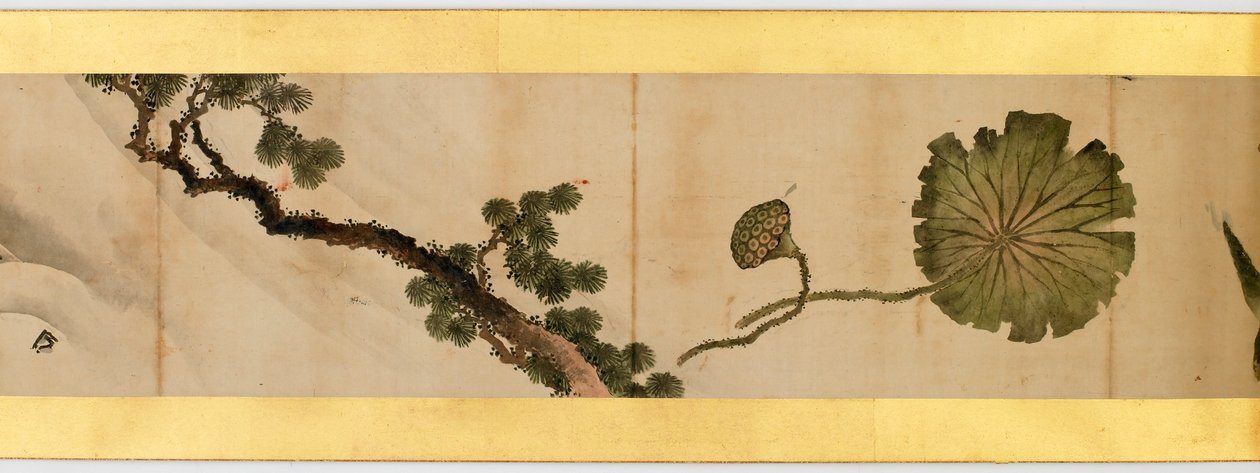 その他の画像、江戸時代、1839年のインクと紙の色の付いたハンドスクロールの詳細 作： 北斎勝鹿