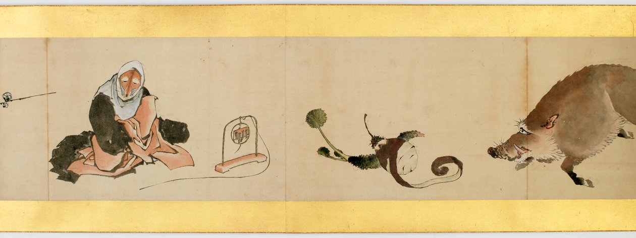 その他の画像、江戸時代、1839年のインクと紙の色の付いたハンドスクロールの詳細 作： 北斎勝鹿