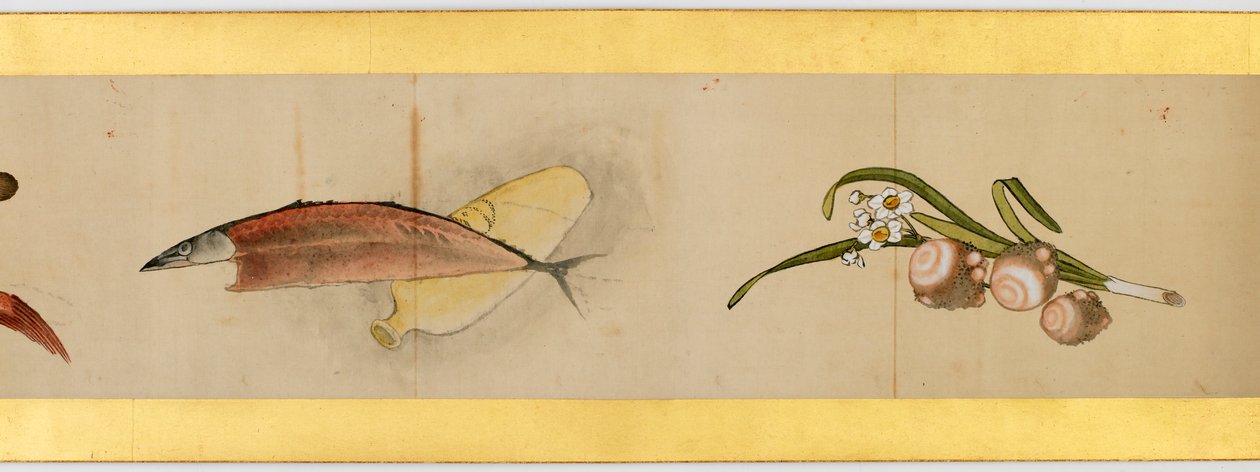 その他の画像、江戸時代、1839年のインクと紙の色の付いたハンドスクロールの詳細 作： 北斎勝鹿