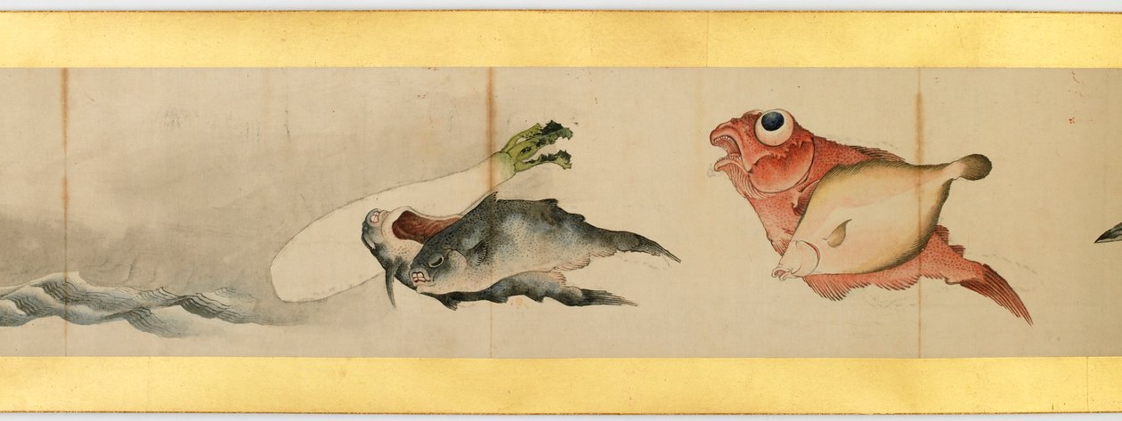 その他の画像、江戸時代、1839年のインクと紙の色の付いたハンドスクロールの詳細 作： 北斎勝鹿