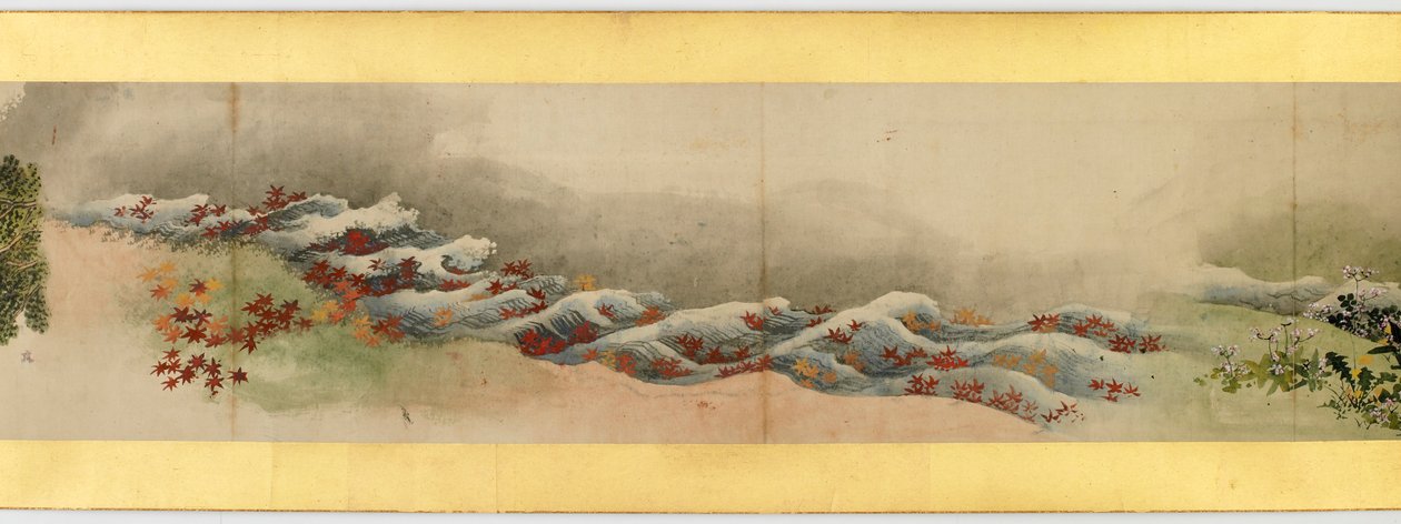 その他の画像、江戸時代、1839年のインクと紙の色の付いたハンドスクロールの詳細 作： 北斎勝鹿