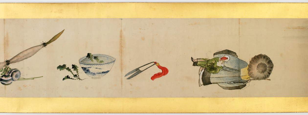 その他の画像、江戸時代、1839年のインクと紙の色の付いたハンドスクロールの詳細 作： 北斎勝鹿