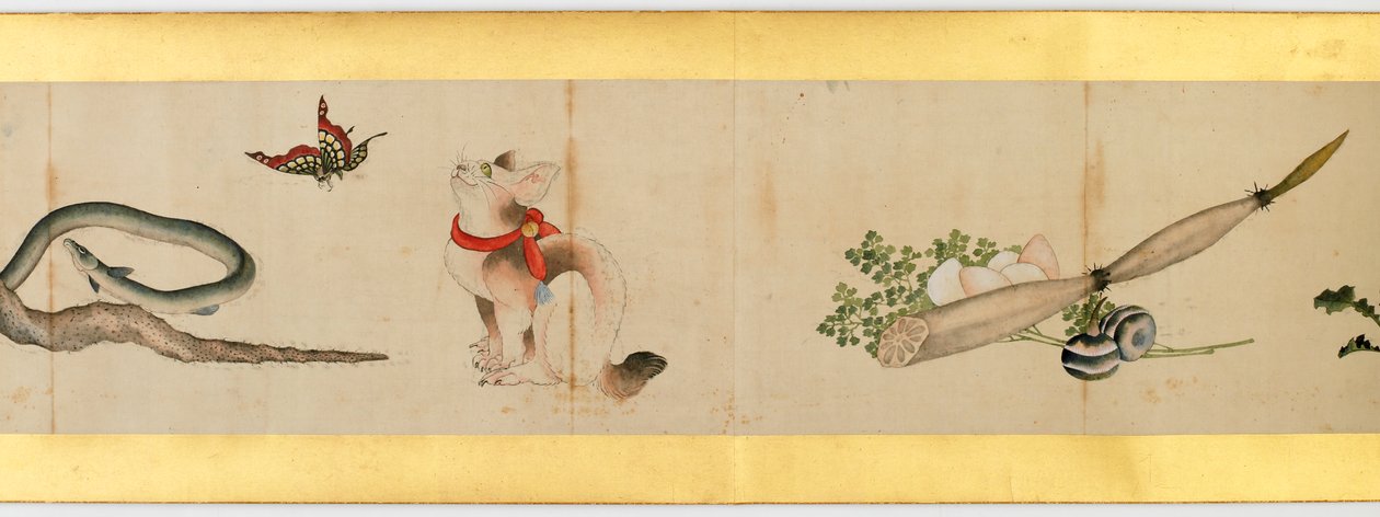 その他の画像、江戸時代、1839年のインクと紙の色の付いたハンドスクロールの詳細 作： 北斎勝鹿