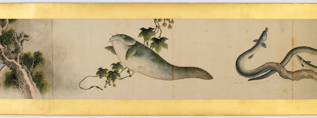 その他の画像、江戸時代、1839年のインクと紙の色の付いたハンドスクロールの詳細 作： 北斎勝鹿