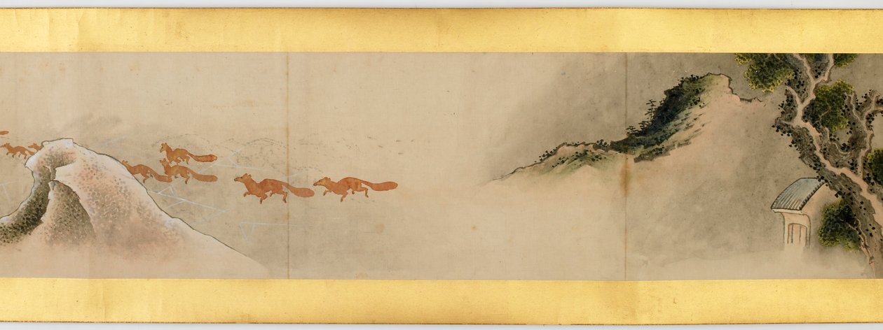 その他の画像、江戸時代、1839年のインクと紙の色の付いたハンドスクロールの詳細 作： 北斎勝鹿