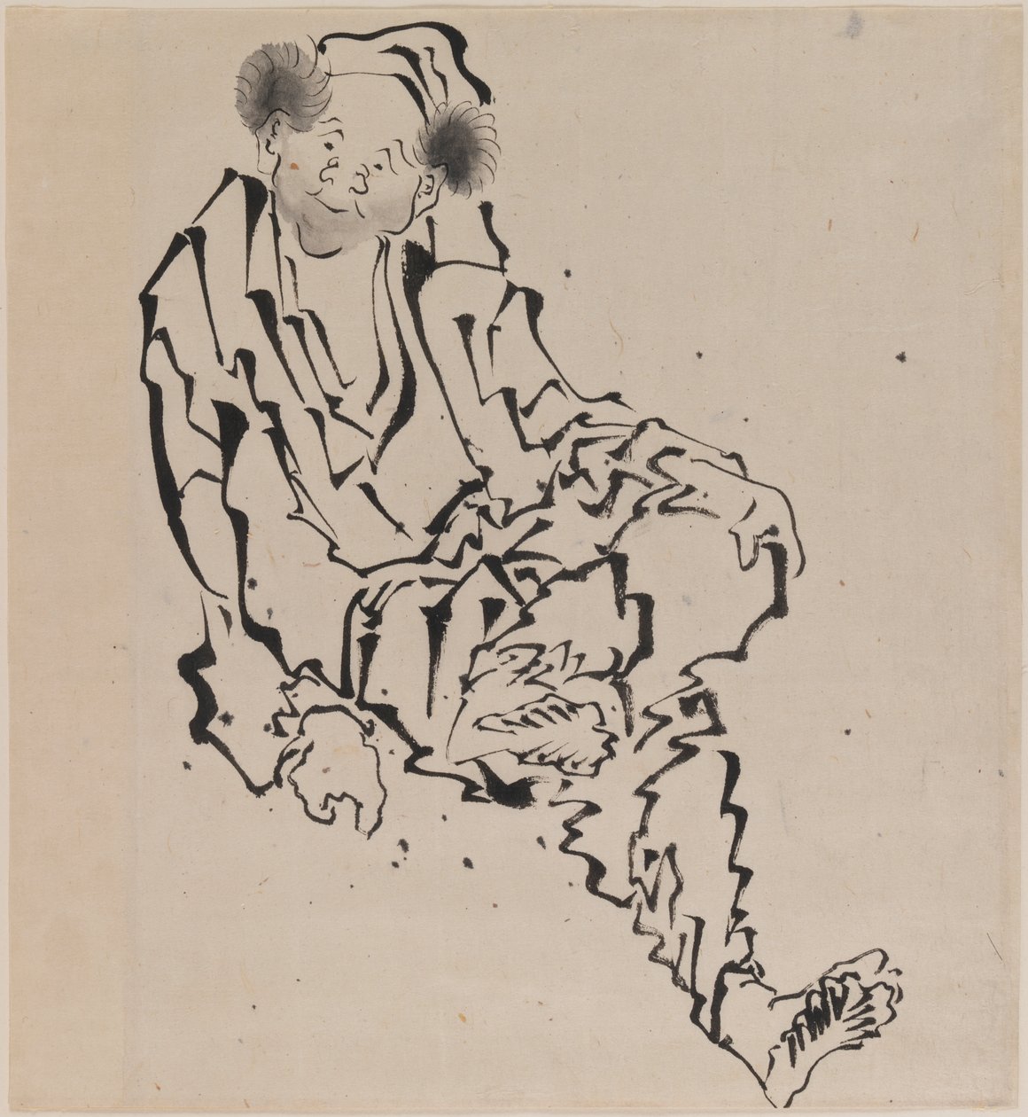 左脚が右膝の上にある状態で座っている男性の絵（紙にインク） 作： 北斎勝鹿