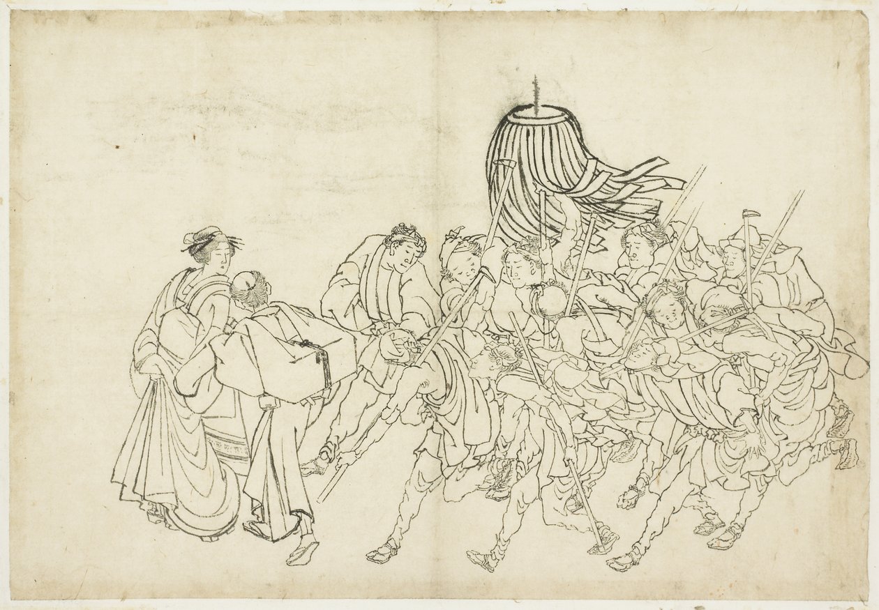 彼らの祭りに行進する消防士、1615-1868（紙にインク） 作： 北斎勝鹿