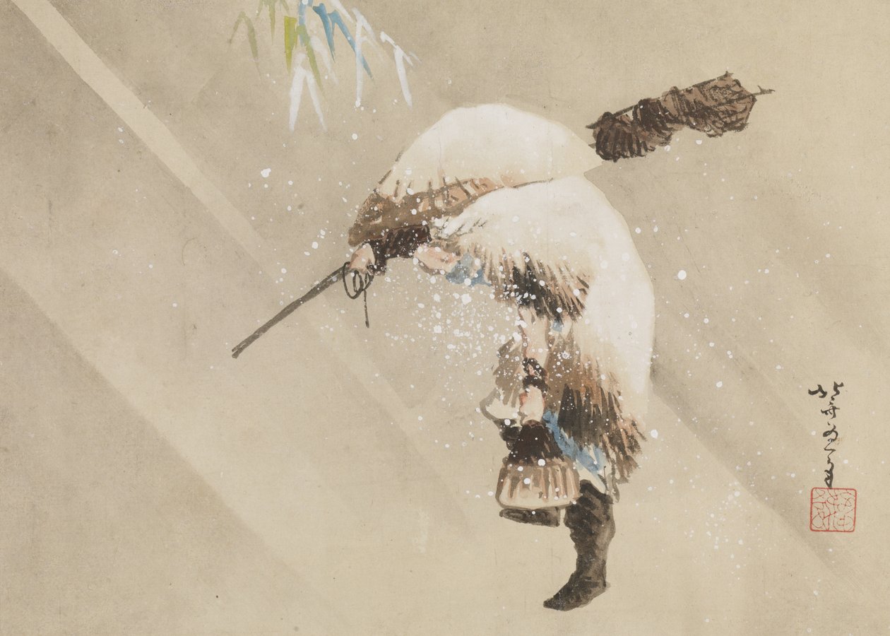 雪の中で網を運ぶ漁師、c. 1821年（紙にインク、色、胡粉） 作： 北斎勝鹿