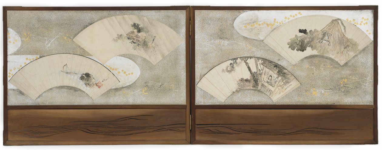 4つのファンの絵画：「蓮の葉のカエル」、「家の学者」、「風景」、「船と岩」、江戸時代（紙にインクと色） 作： 北斎勝鹿