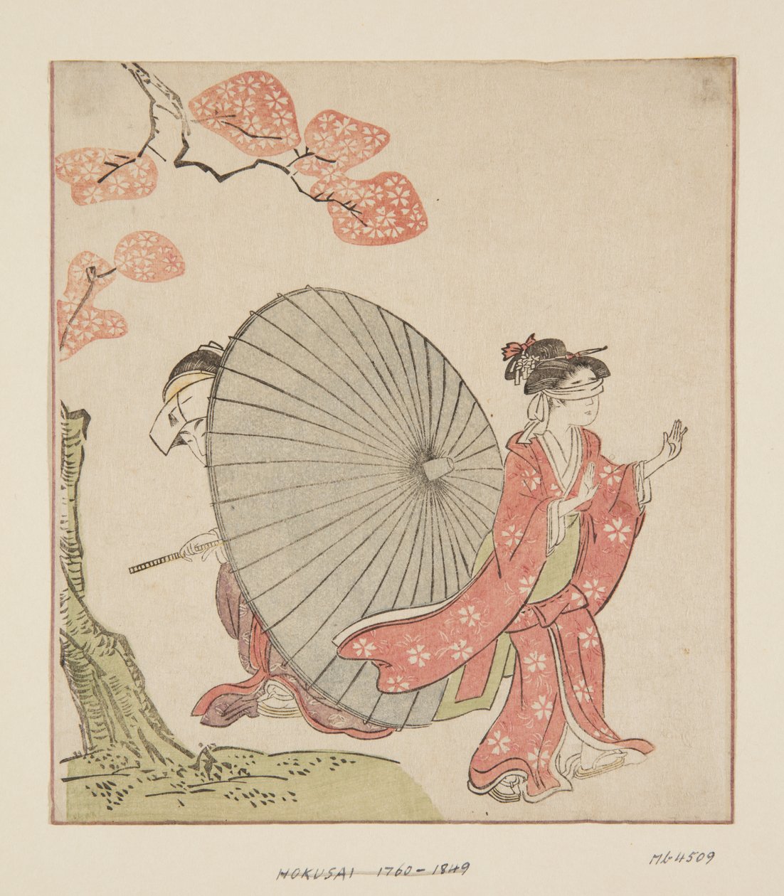 かくれんぼ（カラー木版画 作： 北斎勝鹿