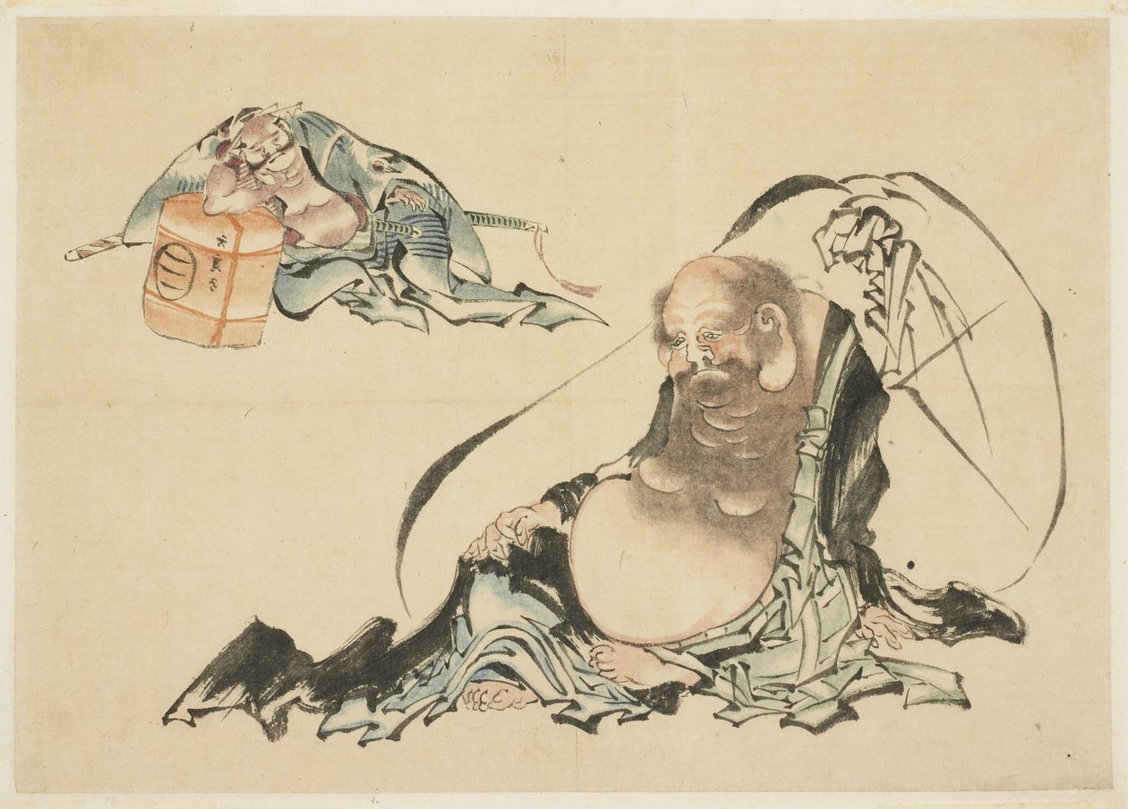 Hotei and Asahina Saburo Reclining (two
sketches) 作： 北斎勝鹿
