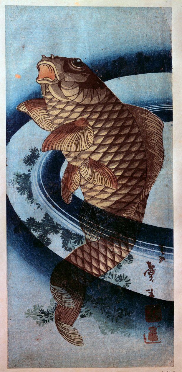 素晴らしい美品　美術　彫刻画　錦鯉　永象作　額縁サイズ41X39センチ 日本美術：鯉 葛飾北斎（1760-1849）の版画 19世紀 パリ、ギメ美術館