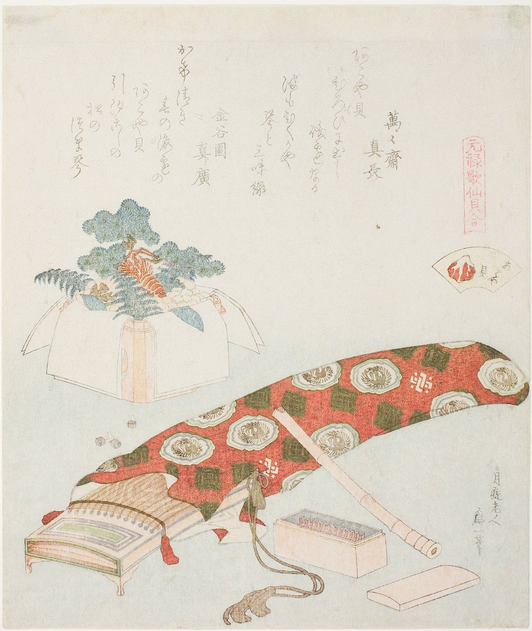 「元禄歌仙貝合わせ」シリーズより 箏と初詣 あこや貝（あこやがい）イラスト 作： 北斎勝鹿