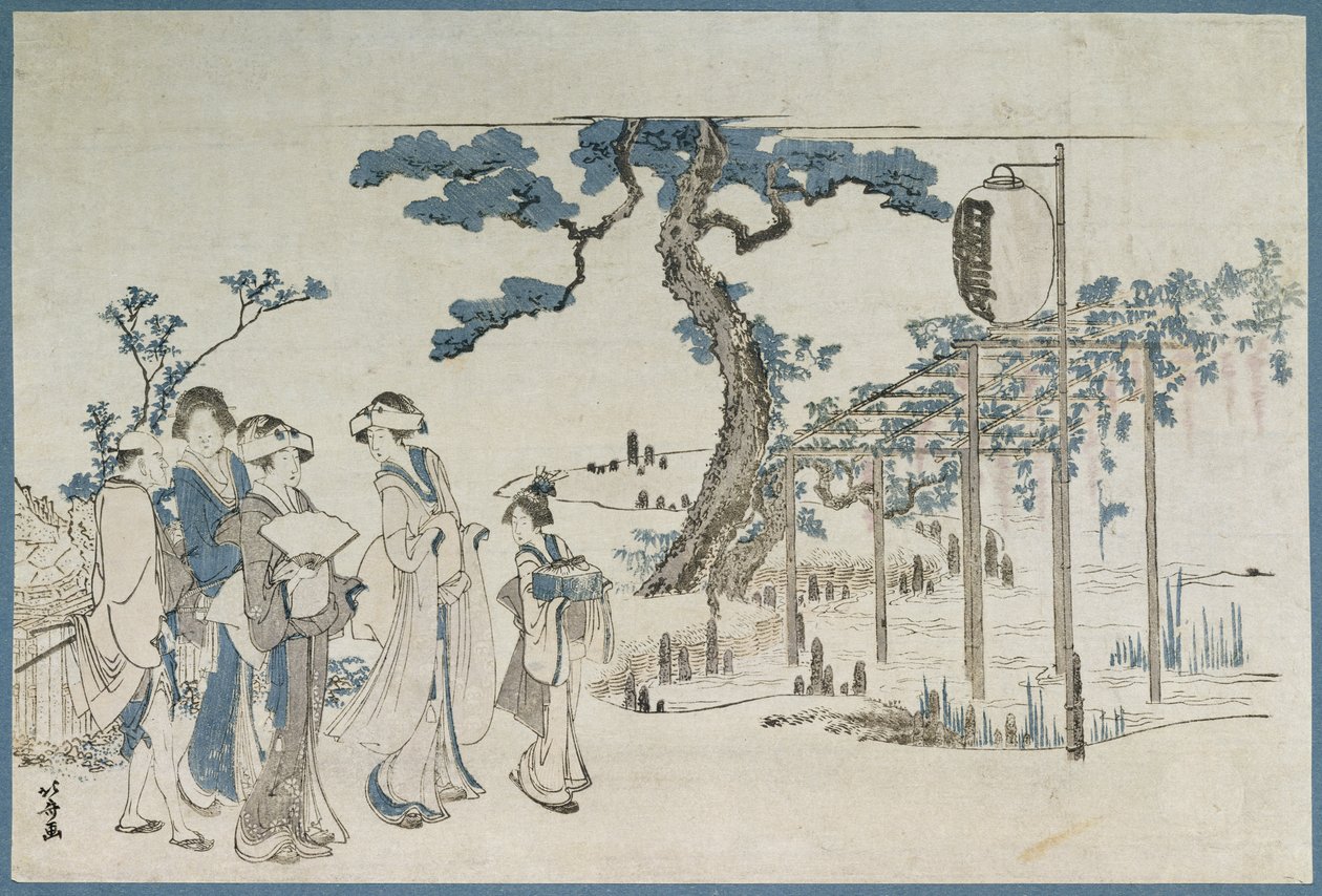 亀戸のウィステリアガーデンを訪れる女性（木版画） 作： 北斎勝鹿
