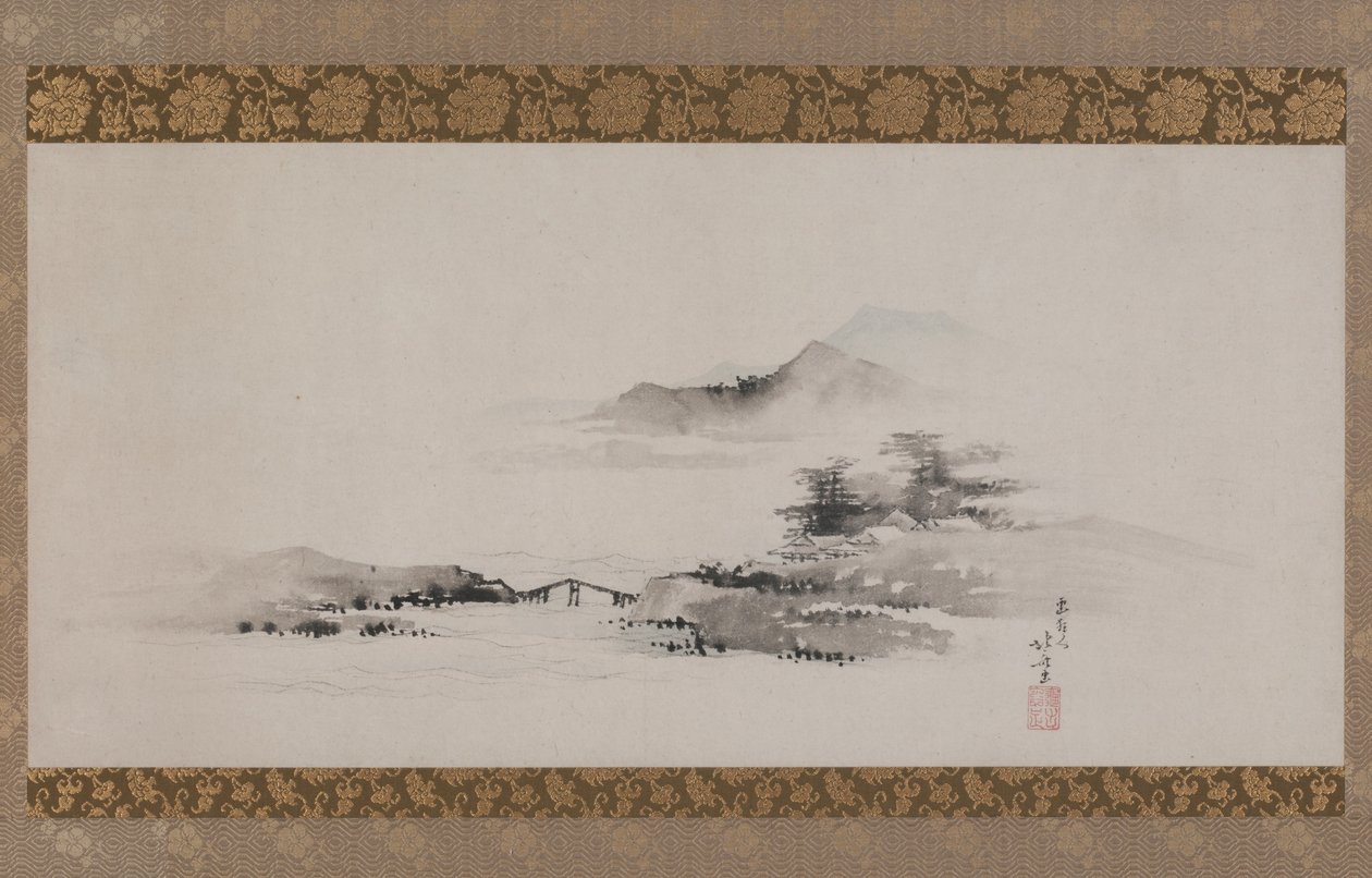 風景、江戸時代、1801-02年頃（掛軸巻として紙にインクと色） 作： 北斎勝鹿