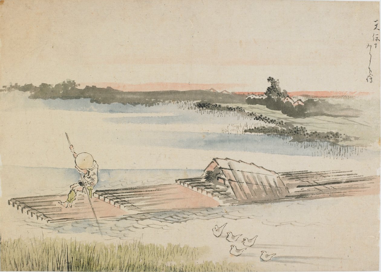 風景: 18 世紀後半から 19 世紀初頭にかけて、筏を漕ぐ船頭。 作： 北斎勝鹿