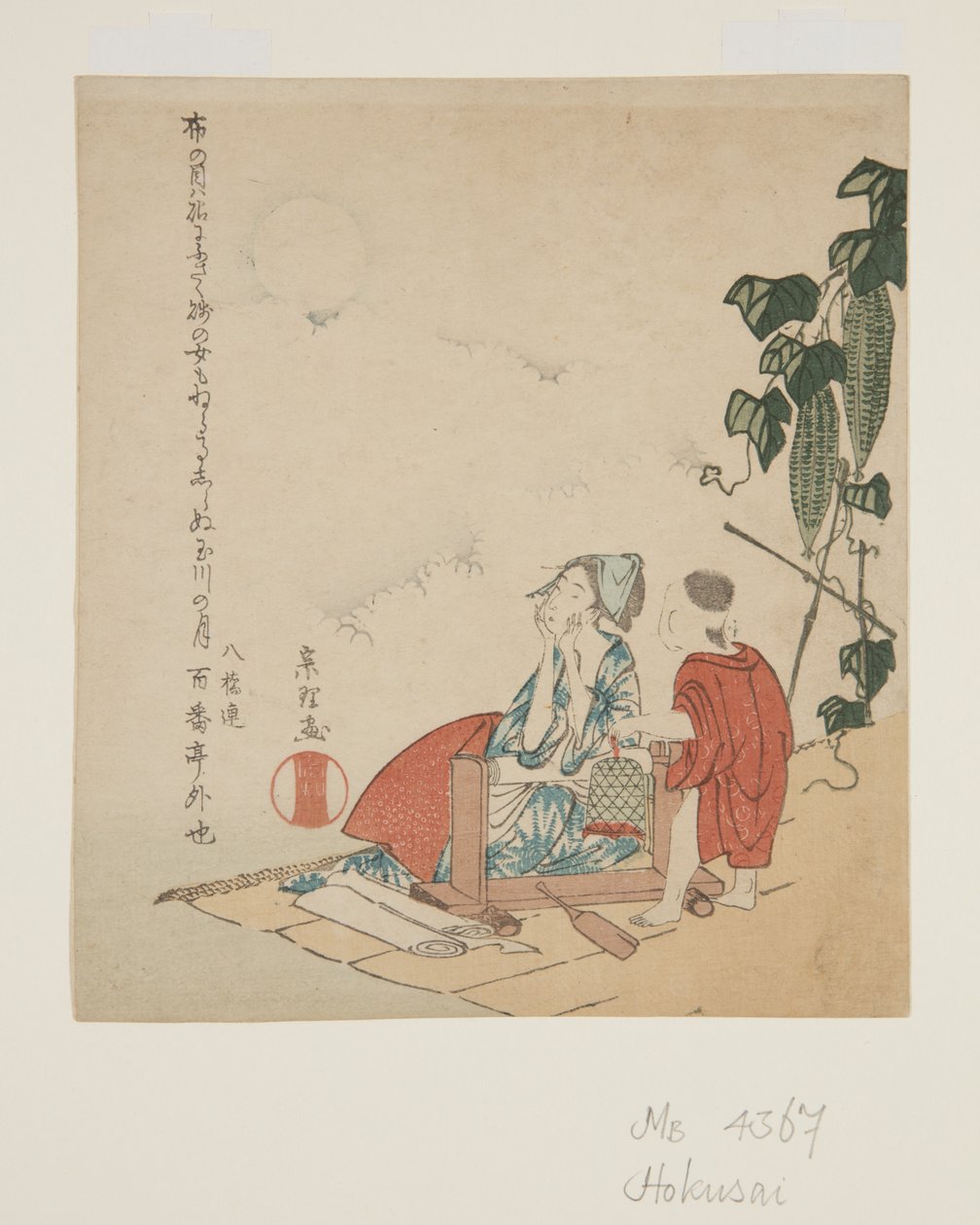 月明かりに照らされたひょうたん棚の母と子（カラー木版画 作： 北斎勝鹿