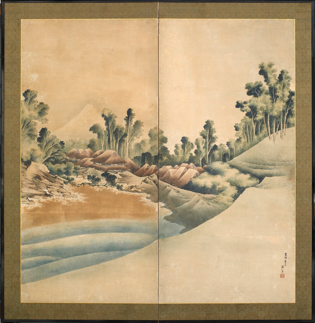 富士山と江ノ島、江戸時代、1825年頃（紙にインクと色） 作： 北斎勝鹿