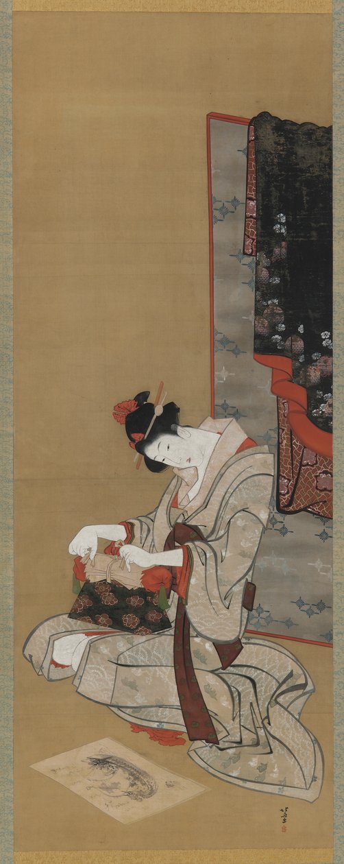 正月カスタム：正月の朝、化粧品、江戸時代、1806-11年頃（絹にインクと色） 作： 北斎勝鹿