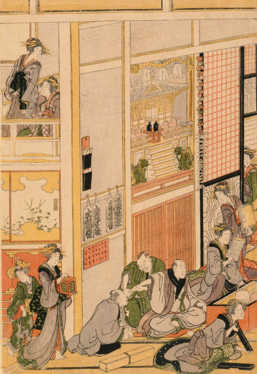 お茶屋おぎやで元旦。 c.1810（カラー木版印刷）（セットについては277765および277797-277798を参照） 作： 北斎勝鹿