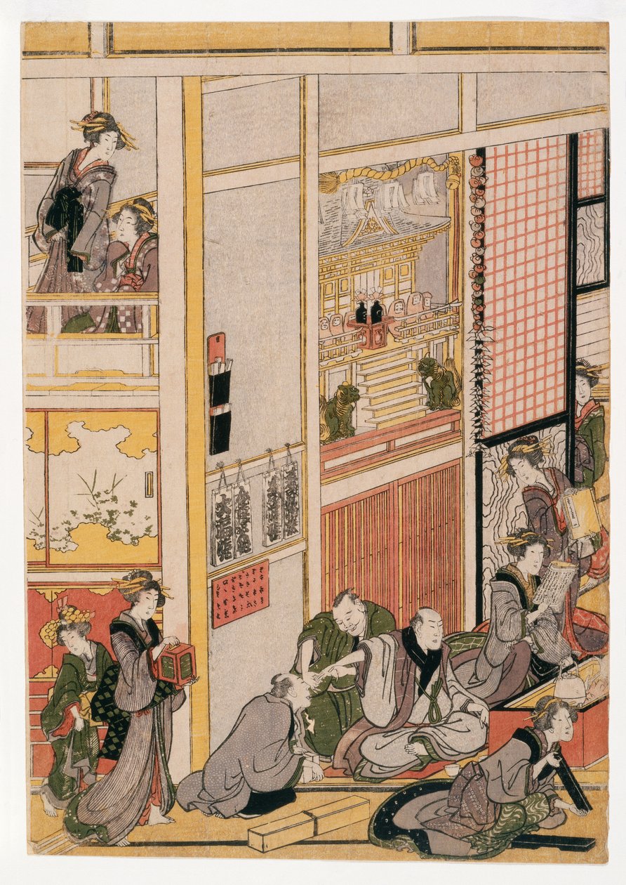茶屋おぎやの正月、1818年頃（版画）（406533、406535、406536も参照） 作： 北斎勝鹿