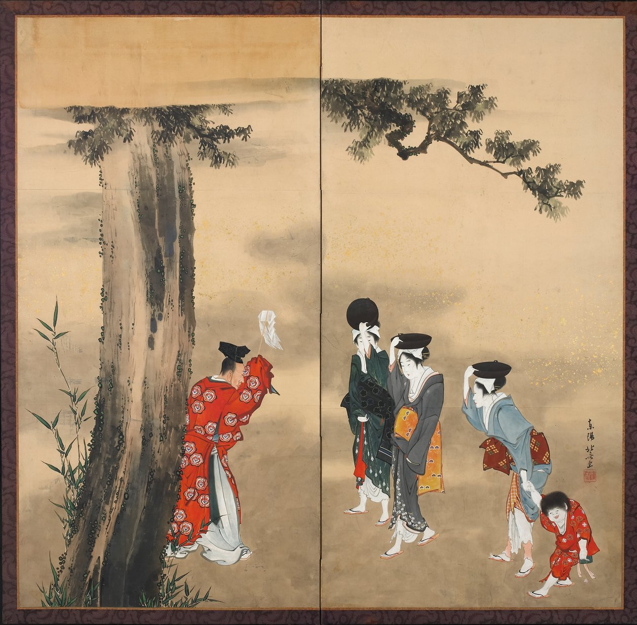 紙の二つ折り画面：神職、松の木の下の3人の女性と子供、江戸時代、1799-1801年頃（紙にインク、金、色） 作： 北斎勝鹿