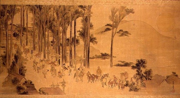 春日神社の巡礼者たち（シルクにペイント） 作： 北斎勝鹿