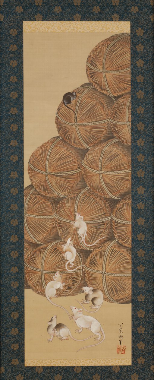 江戸時代のねずみと米俵（1843年）（絹に墨と色） 作： 北斎勝鹿