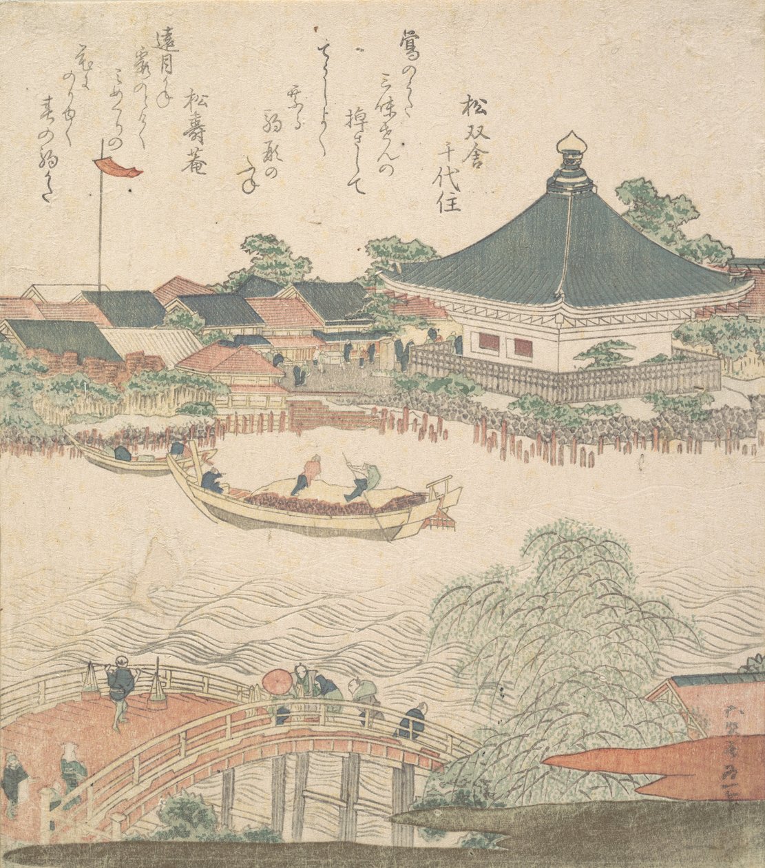 前景に橋のある川の風景、カリフォルニア州。 1810年。 作： 北斎勝鹿