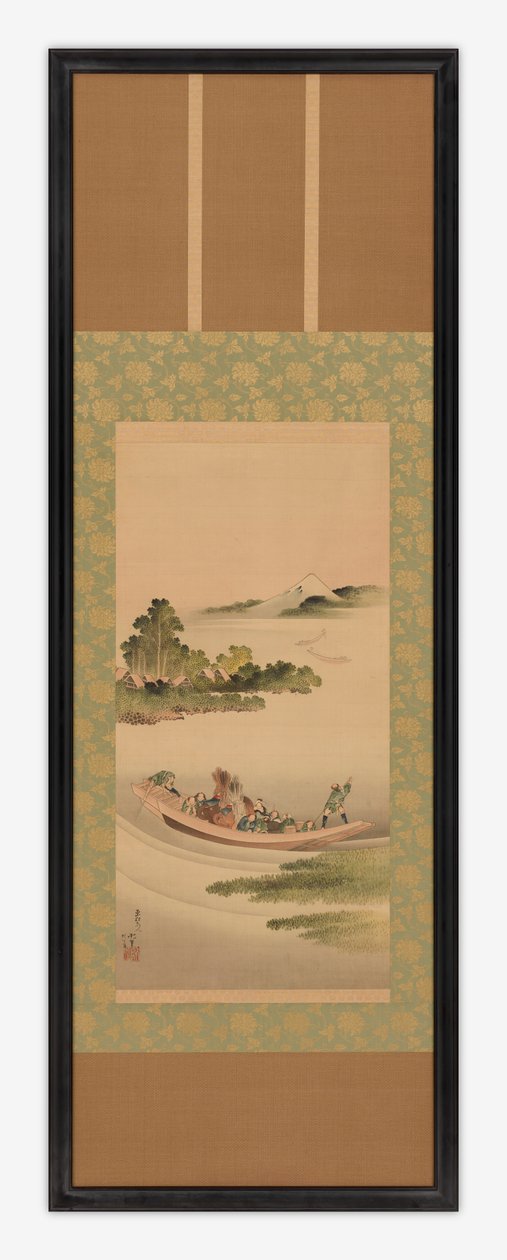 川の風景：フェリーと富士山、江戸時代、1842. 作： 北斎勝鹿