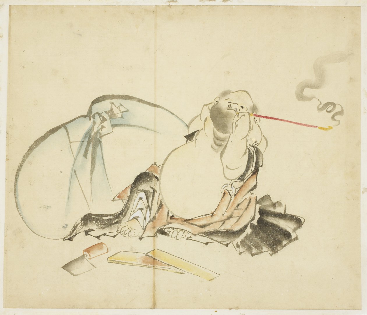 布袋を吸う、ca。 1815-1849（紙にインクと色） 作： 北斎勝鹿