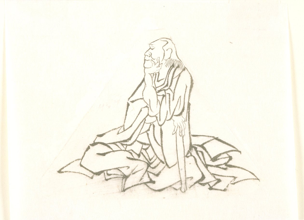 杖に寄りかかる座っている老人 作： 北斎勝鹿