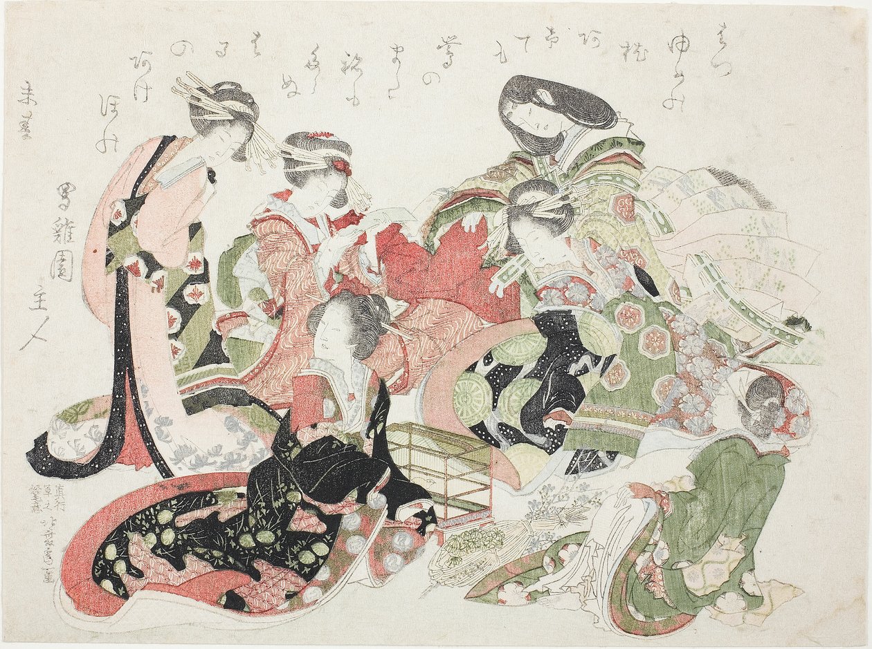 鳥かごの周りに座っている 6 人の女性 作： 北斎勝鹿