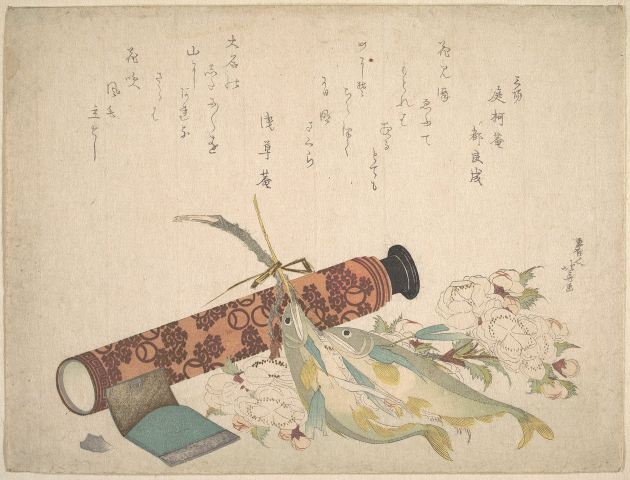 静物画：桜の枝（2本）、望遠鏡、ウナギ、ティッシュケース 作： 北斎勝鹿